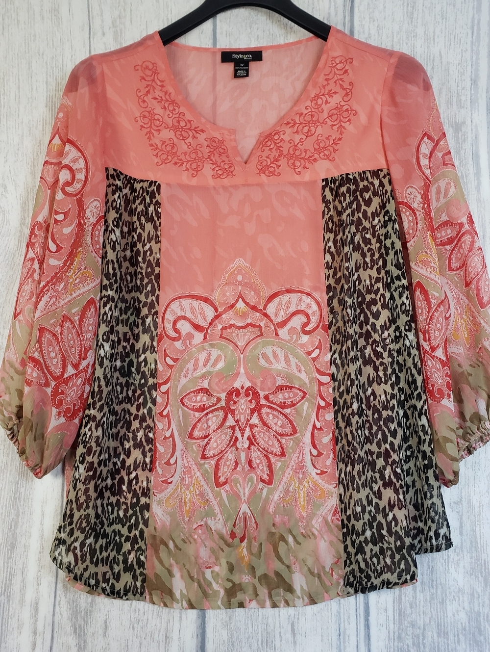 Style & Co. boho blouse pink & brown leopard paisley patchwork Semi-Sheer Sz 1X